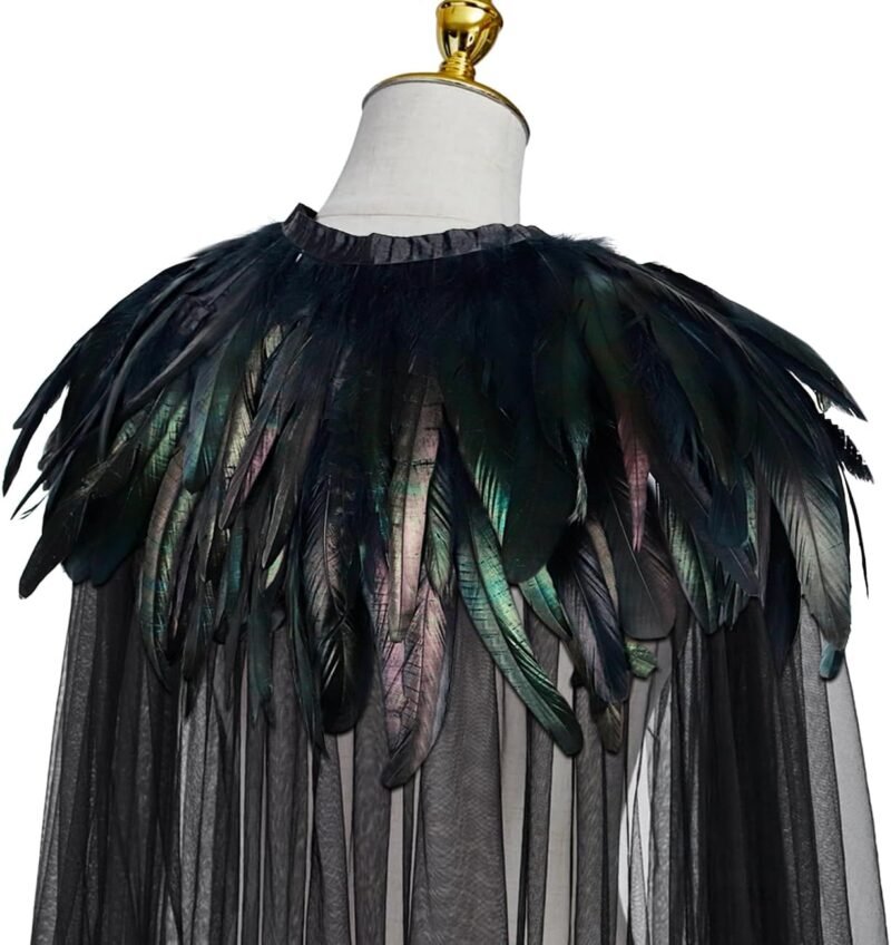 L'VOW Women's Gothic Feather Cloak Gothic Tulle Cape with Feather Collar Vampire Cloak Witches Cape Cosplay Costume - Image 7
