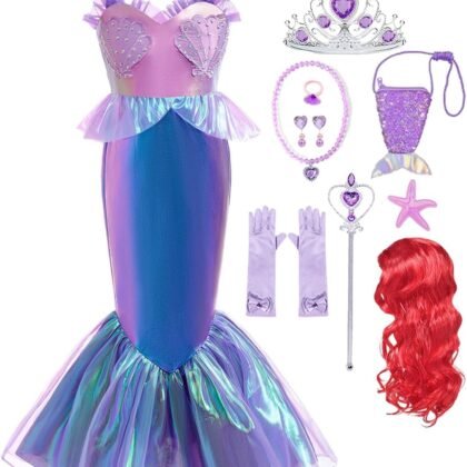 Litttle Mermaid Costume Girls Princess Ariel Dress Up Purple Outfit with Wig for Birthday Halloween Cosplay Party