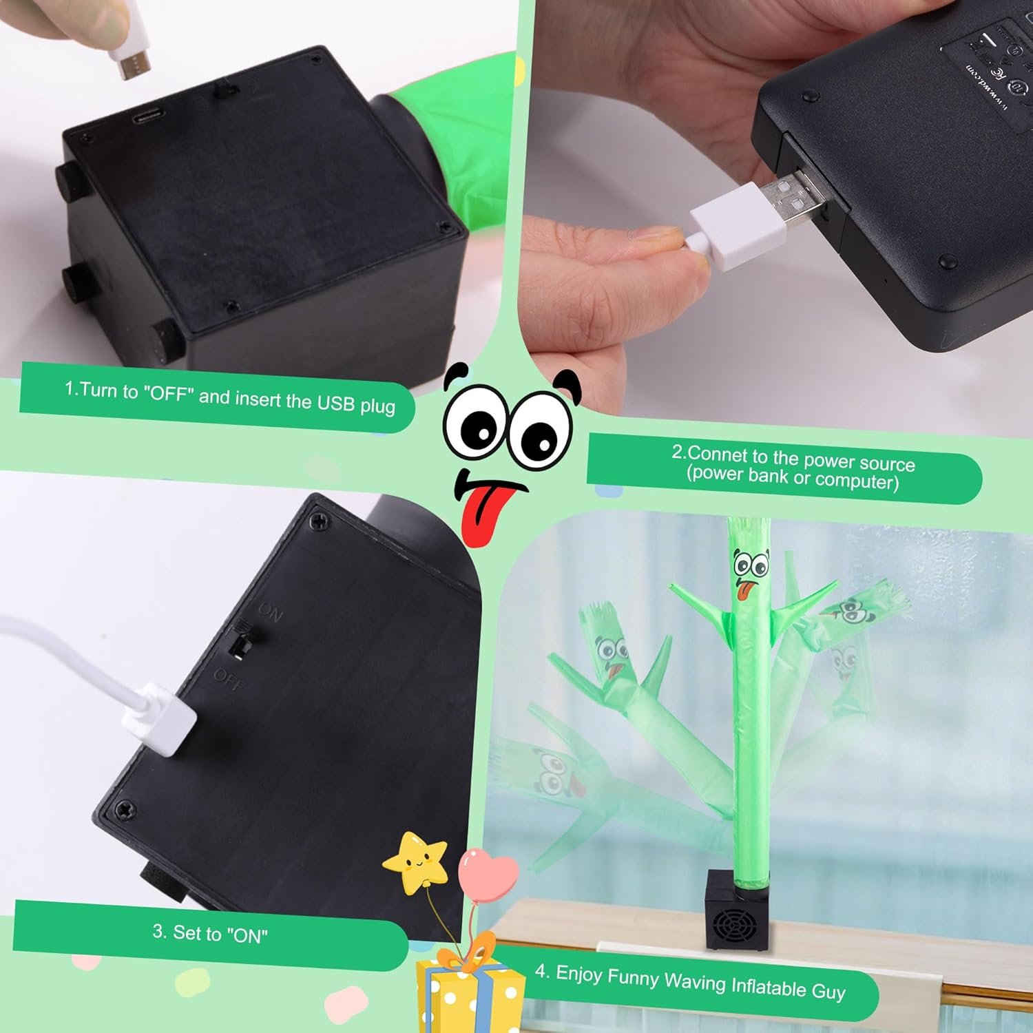 Mini Wacky Waving Inflatable Tube Guy Prank Office Humor Mini Inflatable Tube Man with Blower and USB Powered for Store Fronts Parties Home Decor Birthday Gift-Green - Image 4