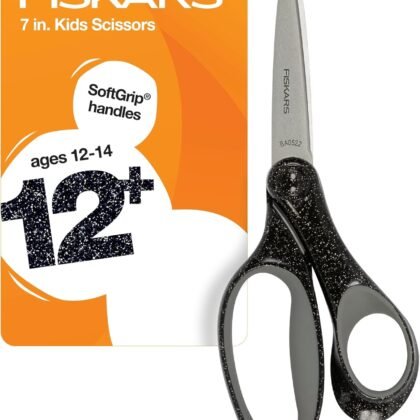 Fiskars 7" SoftGrip Student Glitter Scissors for Kids 12+ - Scissors for School or Crafting - Back to School Supplies - Black Glitter (Pack of 1)