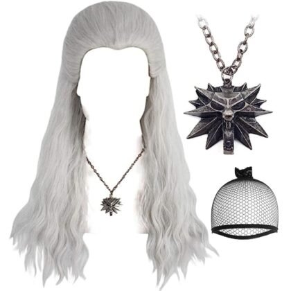 ANOGOL Hair Cap+(1 Necklace) Silver White Wigs Men Long Curly Silver White Wigs for Comic Con wigs with Necklace Costume Wig for Halloween for Party