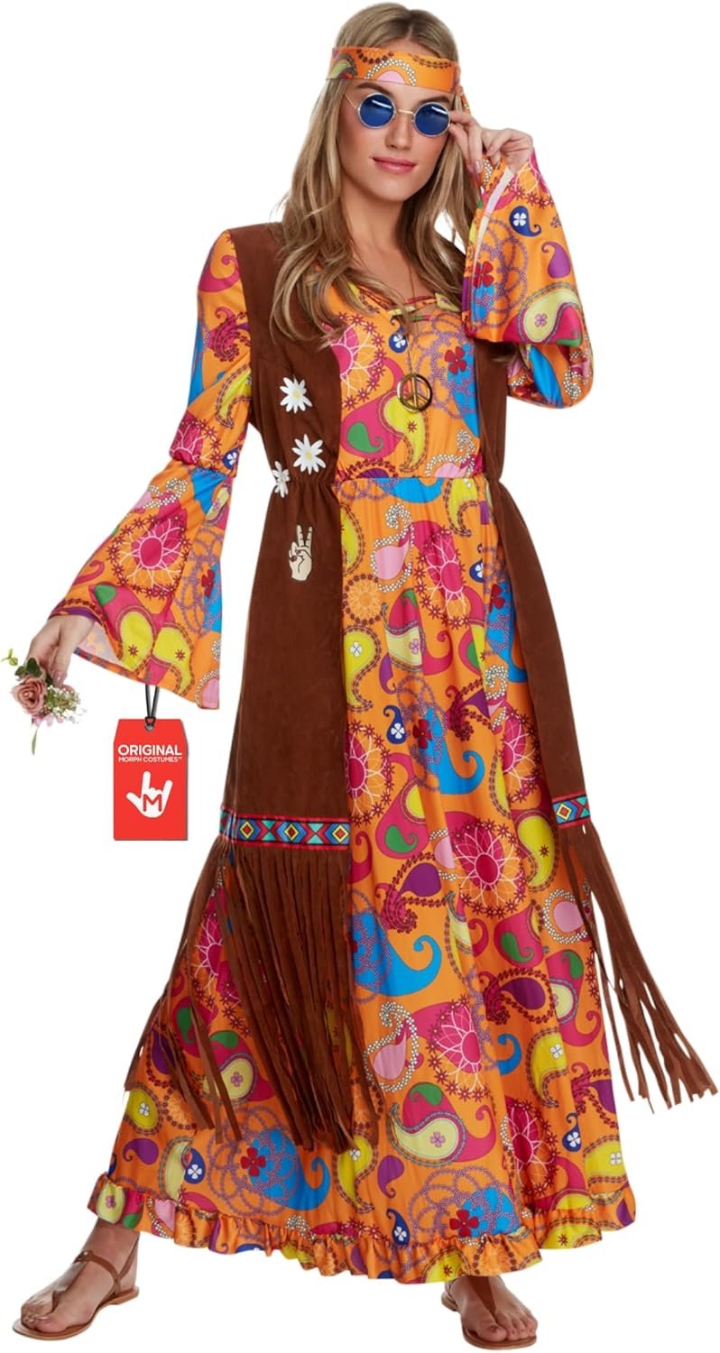 Morph Hippie Costume Women, 70s Costume For Women, 70s Long Dress, Womens 60s Halloween Costumes, Womens Halloween Costumes