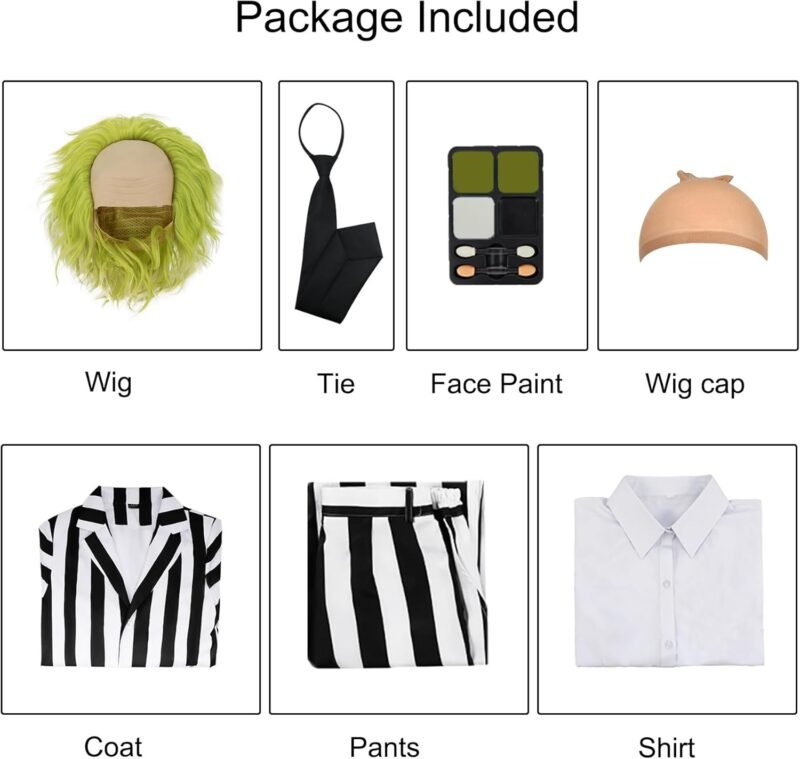 7 Pcs Horror Movie Costume Men Black and White Striped Suit Adult Horror Comedy Character Cosplay Outfit with Wig - Image 2