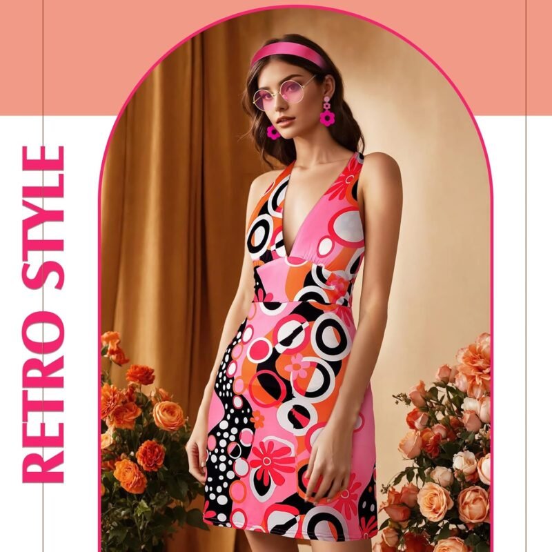 SATINIOR 4 Pcs 60s 70s Hippie Costume Women Retro Disco Outfit Groovy Dress Headband Earring Party Sunglasses for Halloween - Image 5