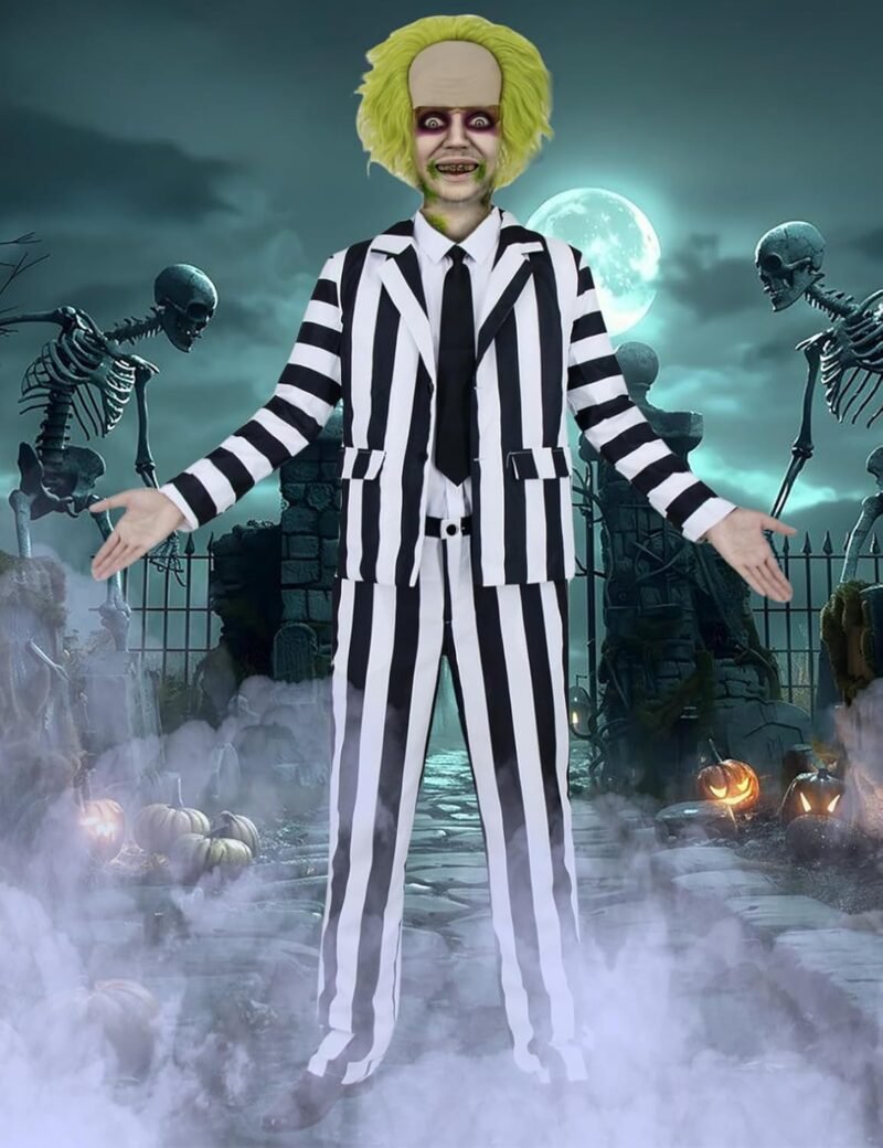 7 Pcs Horror Movie Costume Men Black and White Striped Suit Adult Horror Comedy Character Cosplay Outfit with Wig - Image 5
