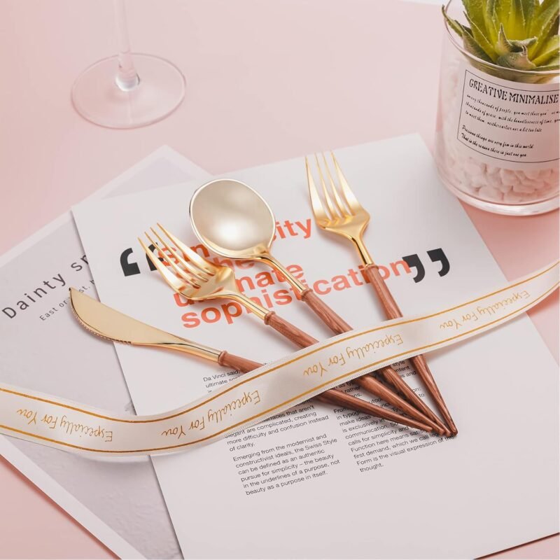 Lullaby 120PCS Gold Plastic Silverware, Gold Disposable Cutlery with Wood Grain Handle Include 40 Forks, 40 Spoons, 40 Knives, Elegant Disposable Silverware for Wedding, Party, Gathering, Daily Use - Image 5
