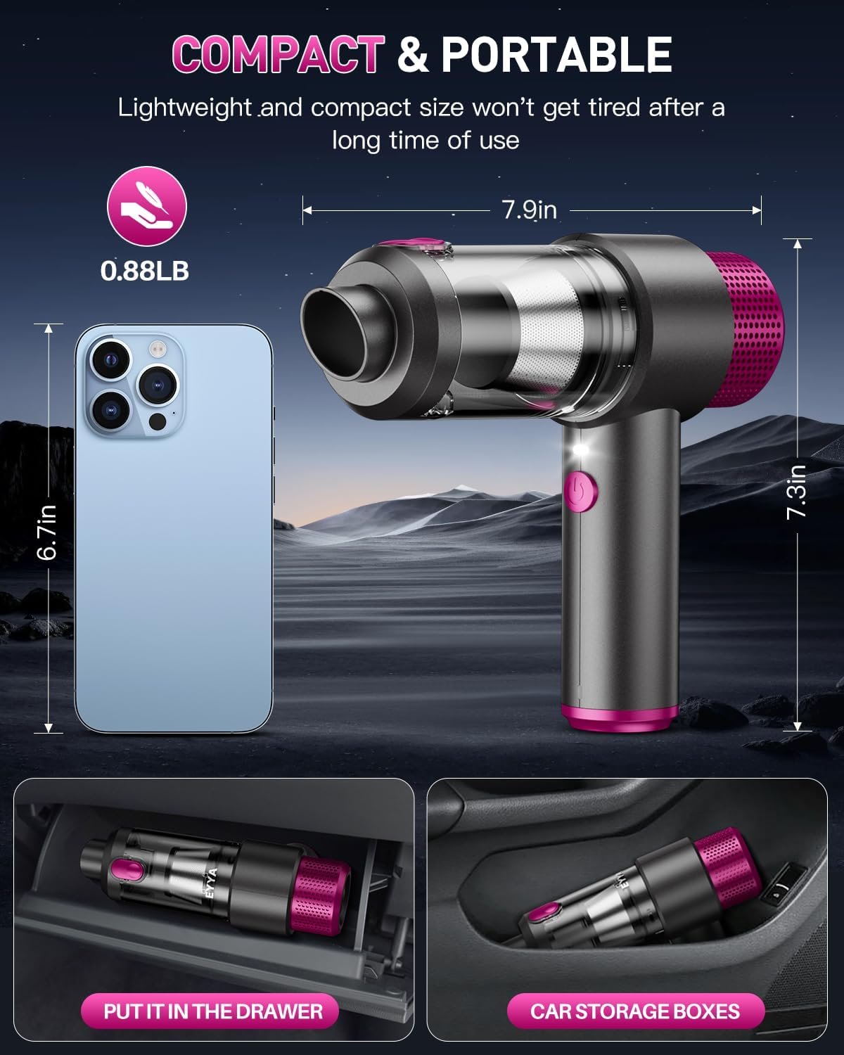 EYYA Handheld Cordless Car Vacuum Cleaner, 4-in-1 Portable Mini Car Vacuum Cleaner, 15000PA High Power & Air Duster with LED Light for Home Office - Image 7