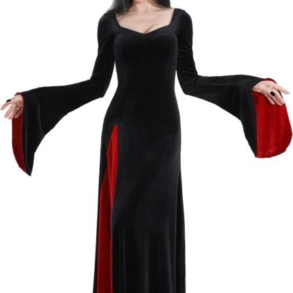QRT Morticia Addams Costume, Women Velvet Maxi Dress,Vintage Gothic Witch Long Dress Halloween Family Cosplay Cocktail Party