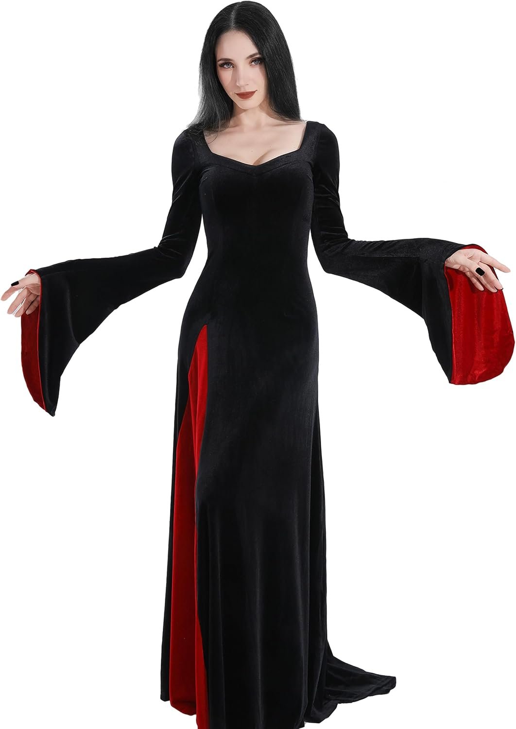 QRT Morticia Addams Costume, Women Velvet Maxi Dress,Vintage Gothic Witch Long Dress Halloween Family Cosplay Cocktail Party