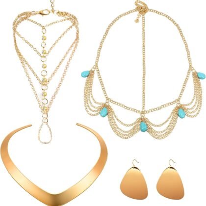 Princess Jasmine Costume Accessories Gold Choker Necklace Earring Tassel Bracelet Head Chain Halloween Arabian Princess Jasmine Jewelry Set for Women