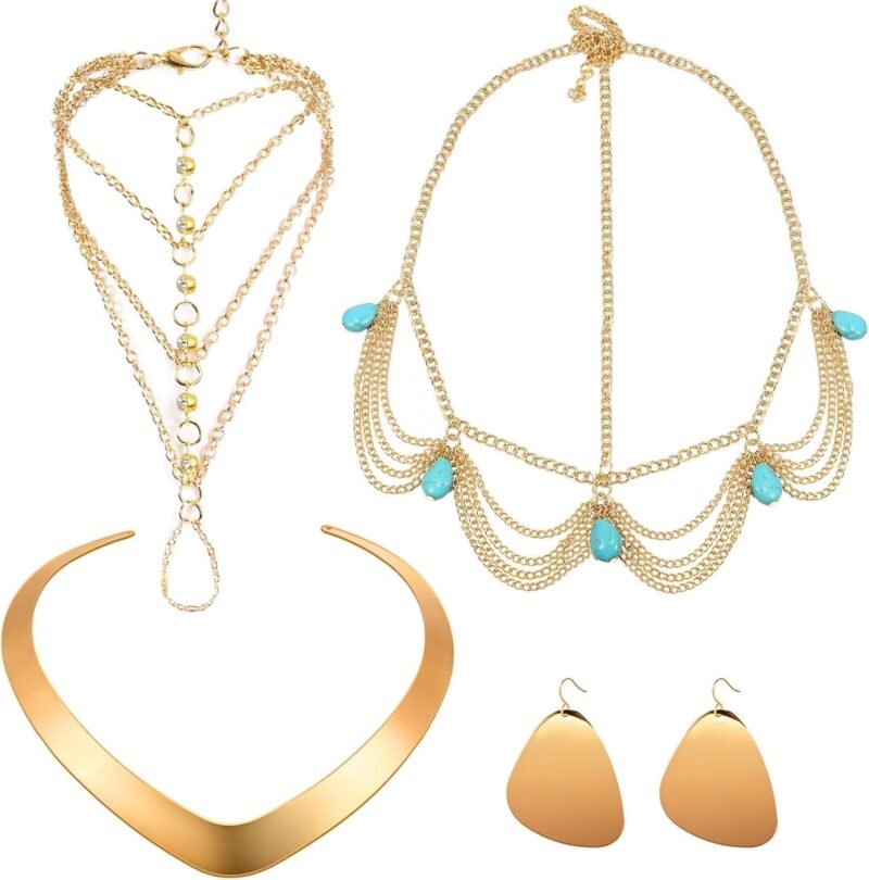 Princess Jasmine Costume Accessories Gold Choker Necklace Earring Tassel Bracelet Head Chain Halloween Arabian Princess Jasmine Jewelry Set for Women