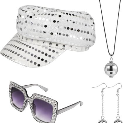 XEPST 4 PCS 70s Disco Costume Accessories Set with Sequin Hat Silver Earrings Sunglasses Necklace Disco Fancy Dress Kit for Women Retro 70 80 Theme Party Birthday Dance