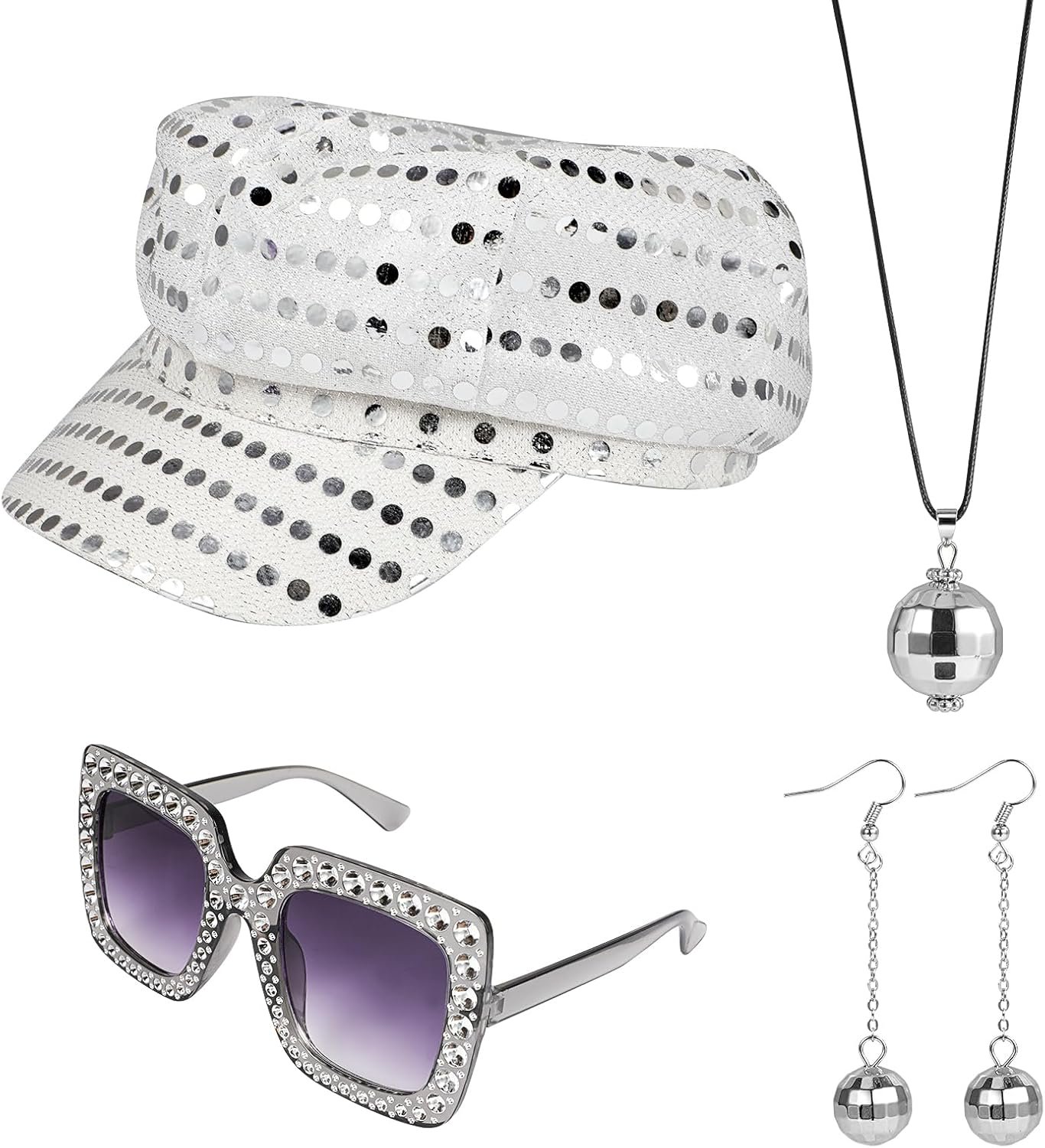 XEPST 4 PCS 70s Disco Costume Accessories Set with Sequin Hat Silver Earrings Sunglasses Necklace Disco Fancy Dress Kit for Women Retro 70 80 Theme Party Birthday Dance