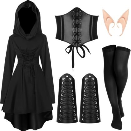 Jeyiour 5 Pcs Women Renaissance Fairy Costumes Set Medieval Hooded Robe Elf Ears Accessories for Halloween Cosplay