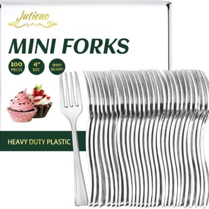 Mini Silver Forks 4 Inch (100-Count) Disposable Plastic Appetizer Fork for Cocktail Hors D'oeuvres, Dessert Cups, Charcuterie Board, Wedding Reception
