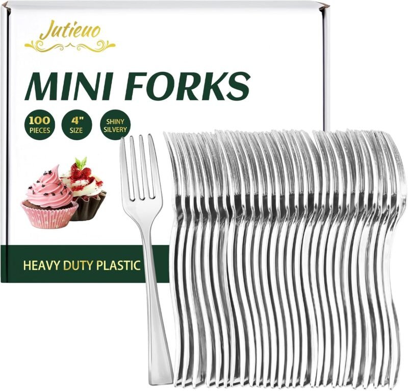 Mini Silver Forks 4 Inch (100-Count) Disposable Plastic Appetizer Fork for Cocktail Hors D'oeuvres, Dessert Cups, Charcuterie Board, Wedding Reception