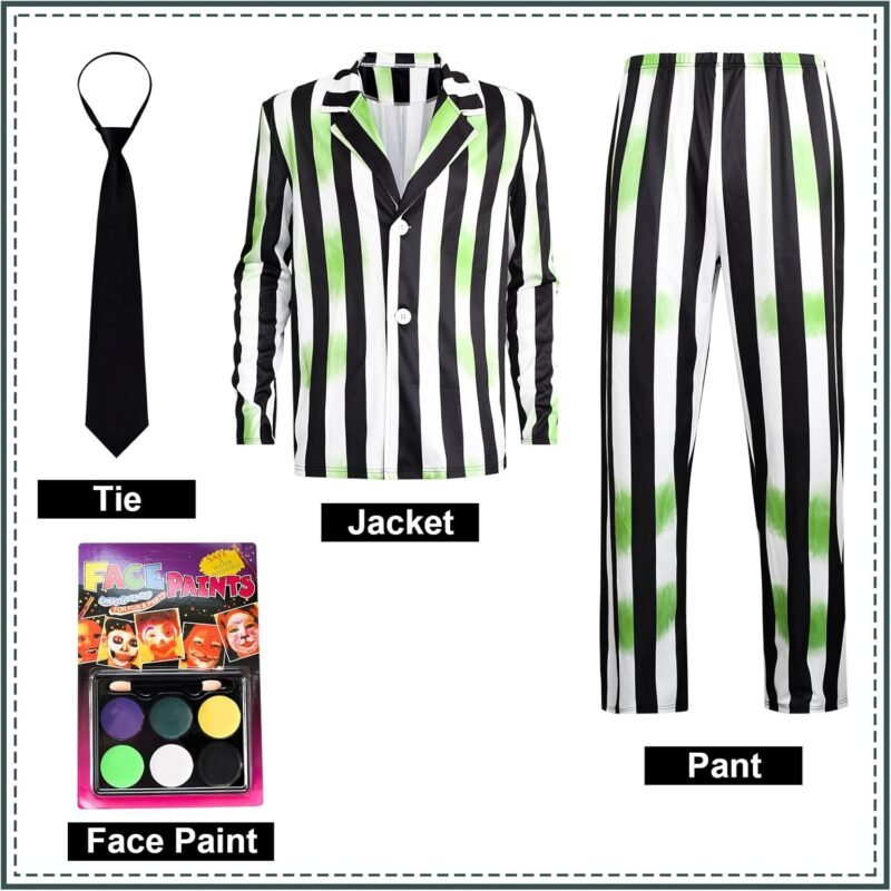 Men's Black, White & Green Striped Halloween Costume, Adult Cosplay Suit with Necktie and Face Paint for Horror Themed - Image 2