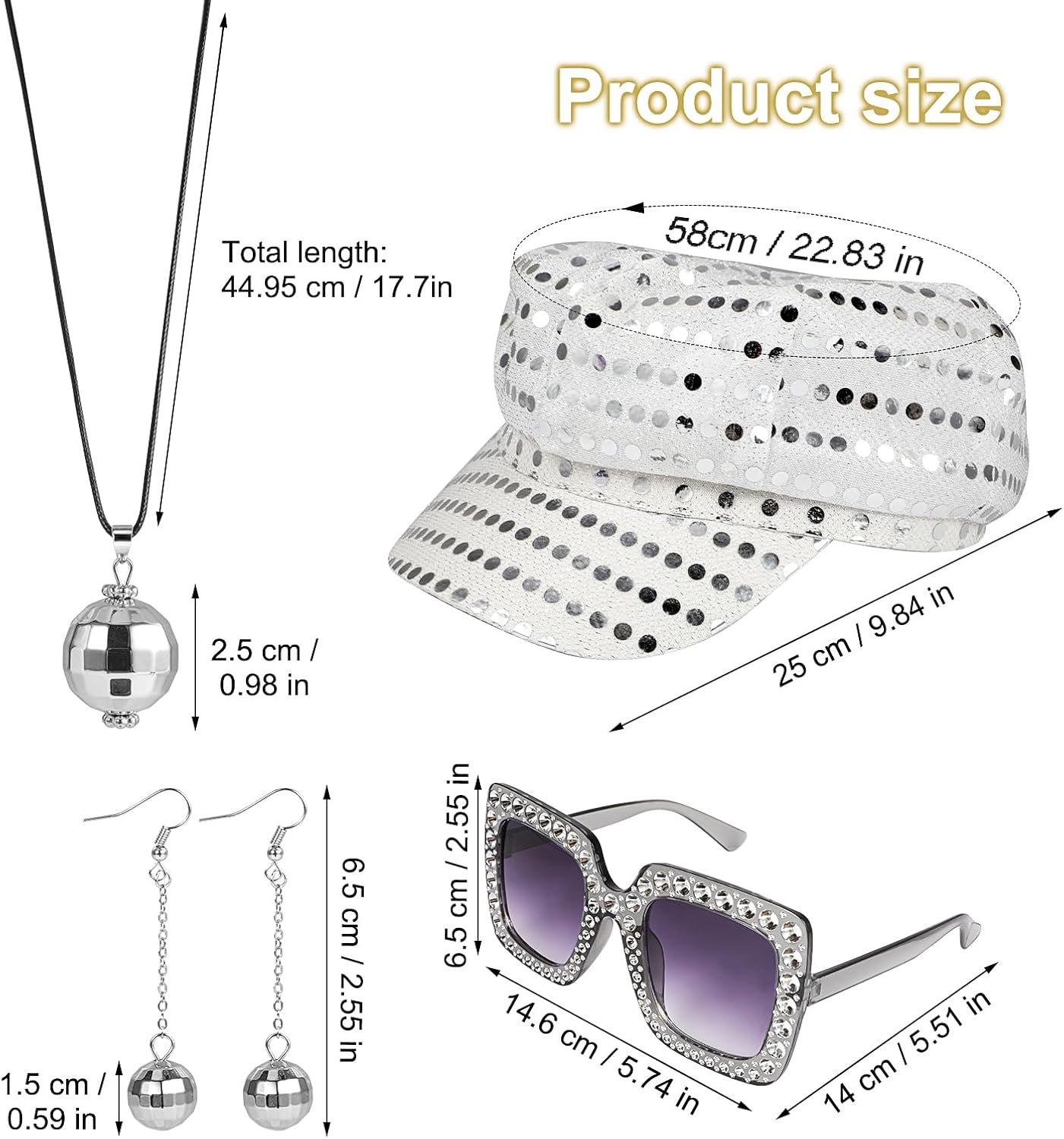 XEPST 4 PCS 70s Disco Costume Accessories Set with Sequin Hat Silver Earrings Sunglasses Necklace Disco Fancy Dress Kit for Women Retro 70 80 Theme Party Birthday Dance - Image 2