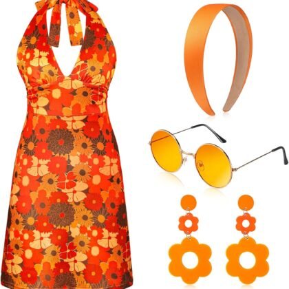 SATINIOR 4 Pcs 60s 70s Women's Hippie Costume Retro Disco Outfit Groovy Dress Headband Earring Sunglasses for Halloween Party