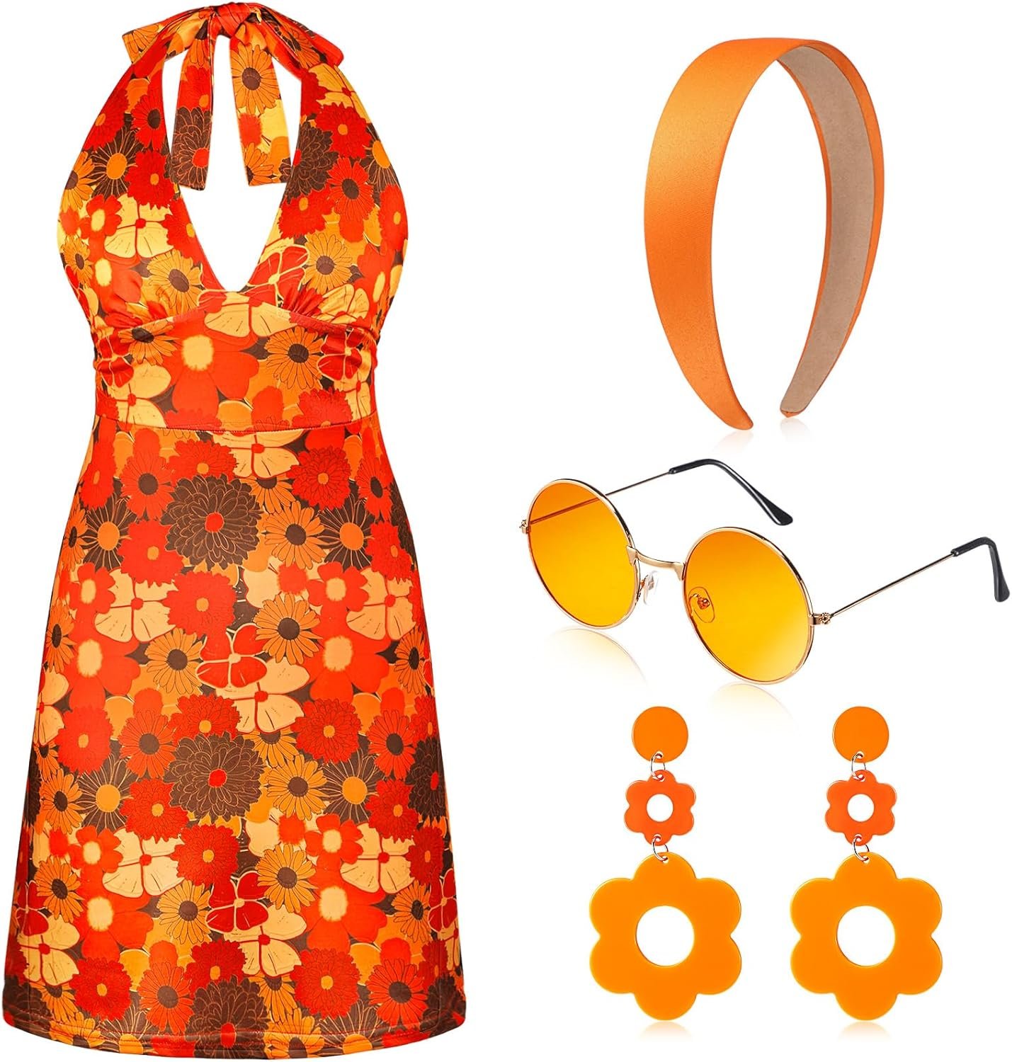 SATINIOR 4 Pcs 60s 70s Women's Hippie Costume Retro Disco Outfit Groovy Dress Headband Earring Sunglasses for Halloween Party