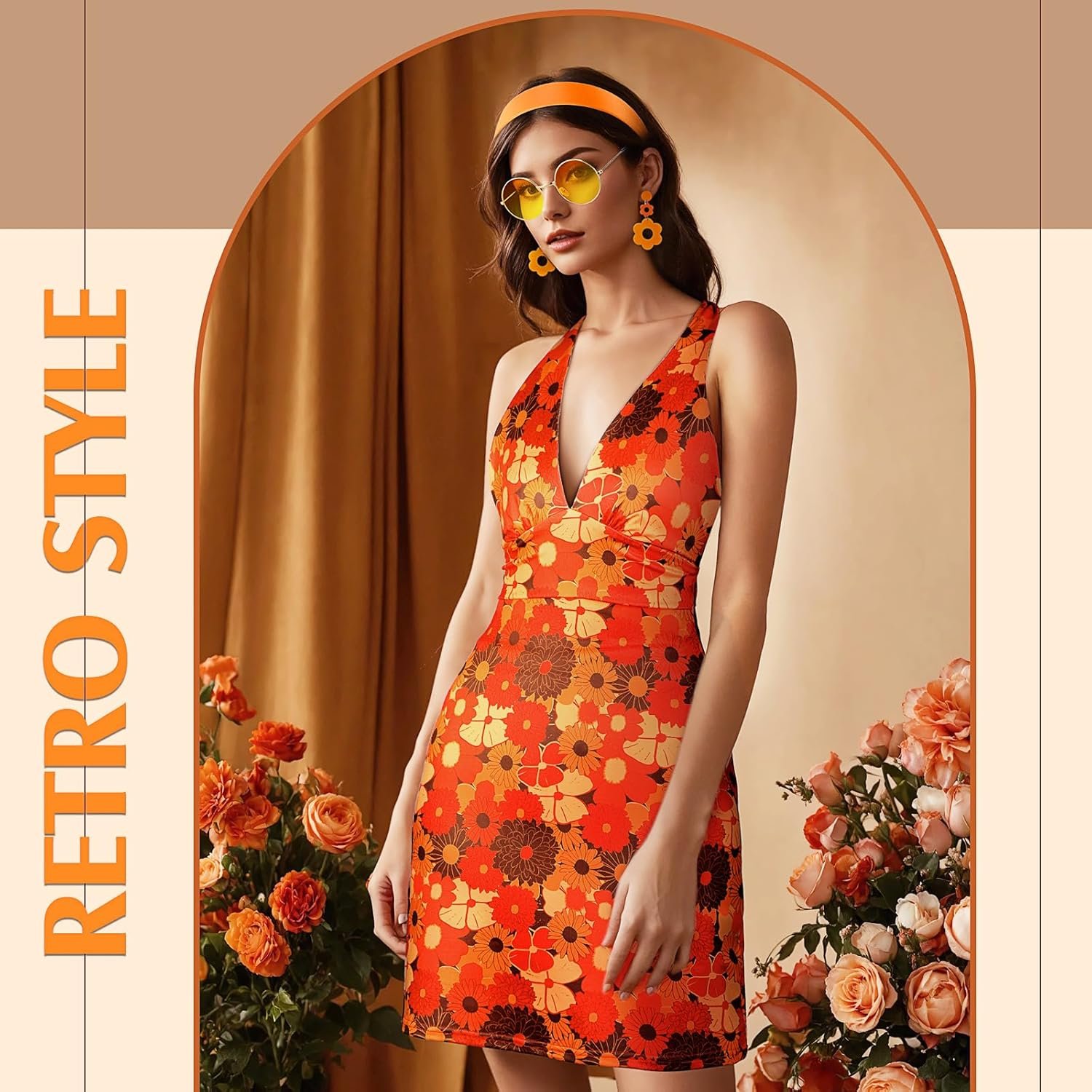 SATINIOR 4 Pcs 60s 70s Women's Hippie Costume Retro Disco Outfit Groovy Dress Headband Earring Sunglasses for Halloween Party - Image 5