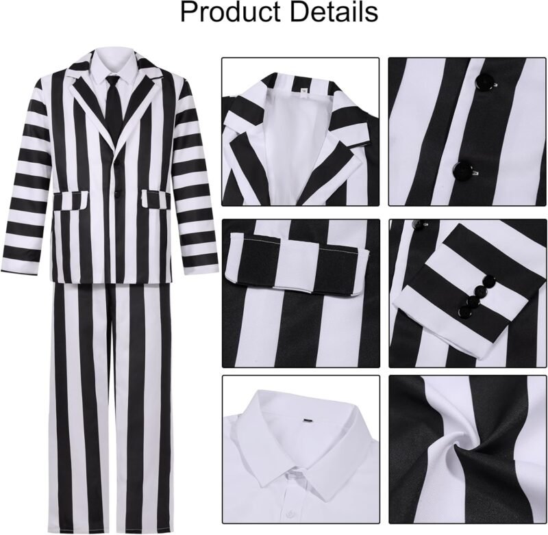 7 Pcs Horror Movie Costume Men Black and White Striped Suit Adult Horror Comedy Character Cosplay Outfit with Wig - Image 3