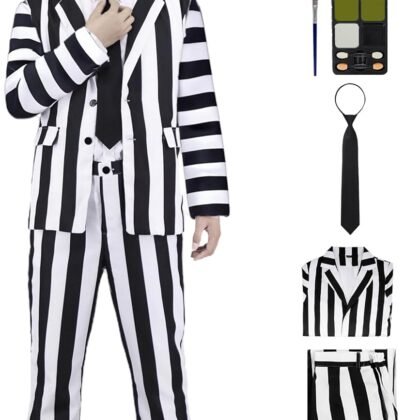 IBQ Black and White Striped Suit Adult Halloween Costumes Men Scary 80s Horror Movie Character Cosplay Outfit with Wig Shirt