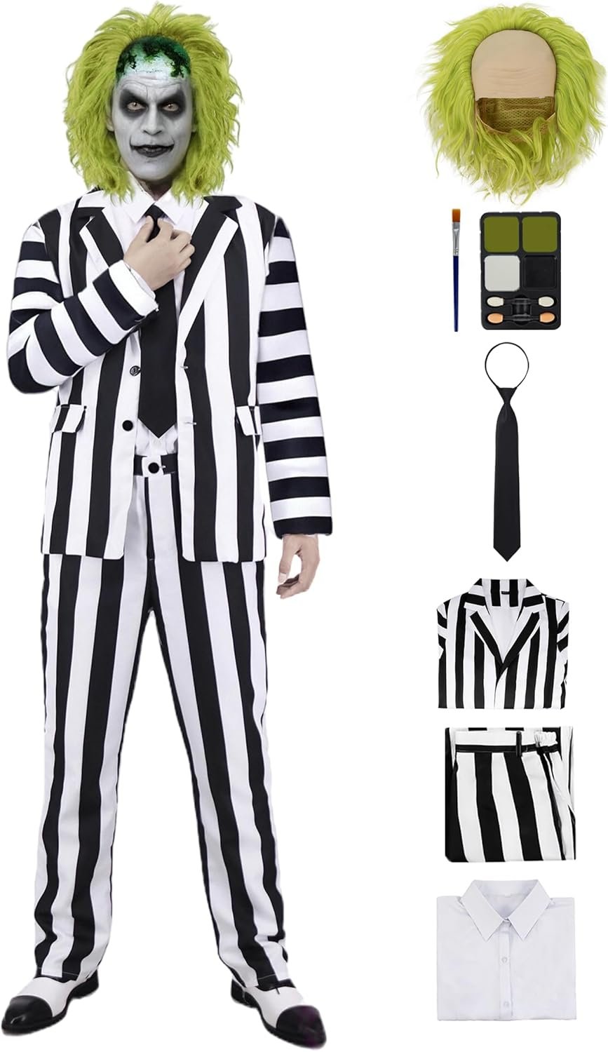 IBQ Black and White Striped Suit Adult Halloween Costumes Men Scary 80s Horror Movie Character Cosplay Outfit with Wig Shirt