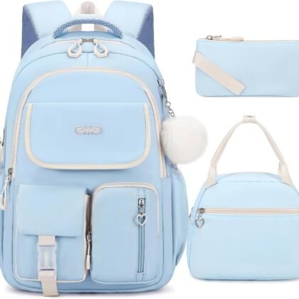 Backpacks for Girls, 3PCS School Backpack with Lunch Box Pencil Pouch for Teen Girls Kids Elementary Primary Middle High College Travel School bag Bookbag Set （Blue）