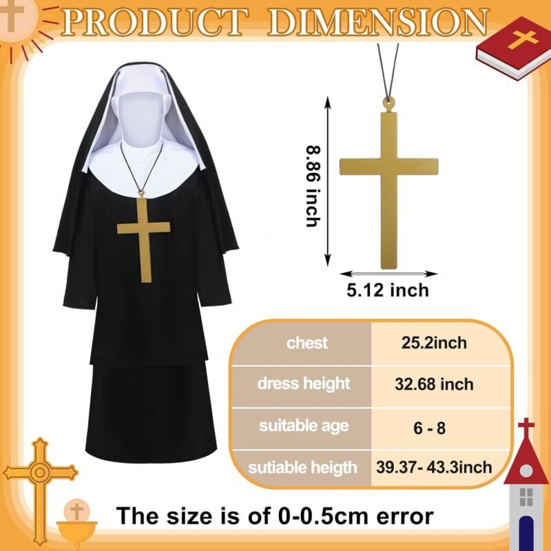 Mepase 3 Pcs Girls Nun Costume Set with Cross Necklace Halloween Nun Costume for Kids Horror Catholic Sister Robe Costumes - Image 2