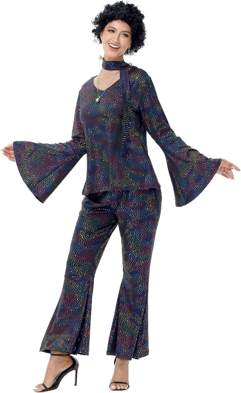 70s Disco Costume for Women - 1970s Disco Outfit with Wig, Earrings, glasses, Necklace, Headband, Sequin Top & Bell Bottoms - Image 3