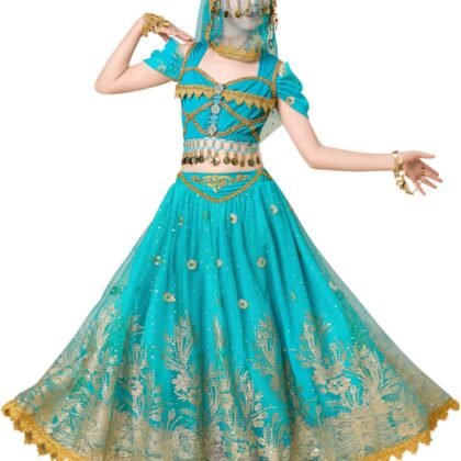 Princess Jasmine Costume for Girls Aladdin Dress UP Halloween Cosplay Party Belly Dance Outfit