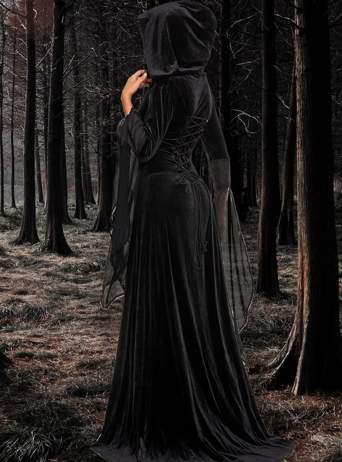 BITSEACOCO Women Deluxe Witch Dress Costume, Vintage Embroidered Renaissance Gothic Hooded Vampire Gown Dress Cosplay - Image 6