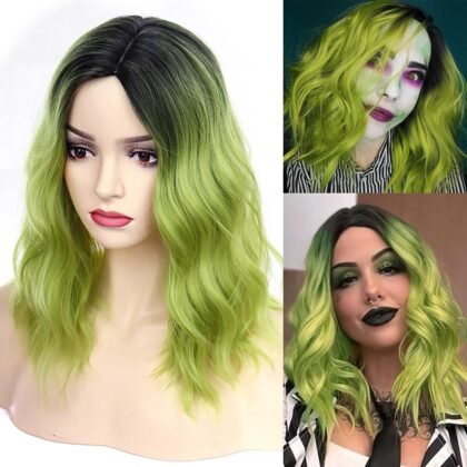Ombre Green Wig Short Curly Bob Wig for Women Girls Matcha Green Wigs Beach Wave Hair Wigs 14 Inches | Compatible with Beetlejuice Costume, Gothic Cosplay Halloween Party Costume Accessories