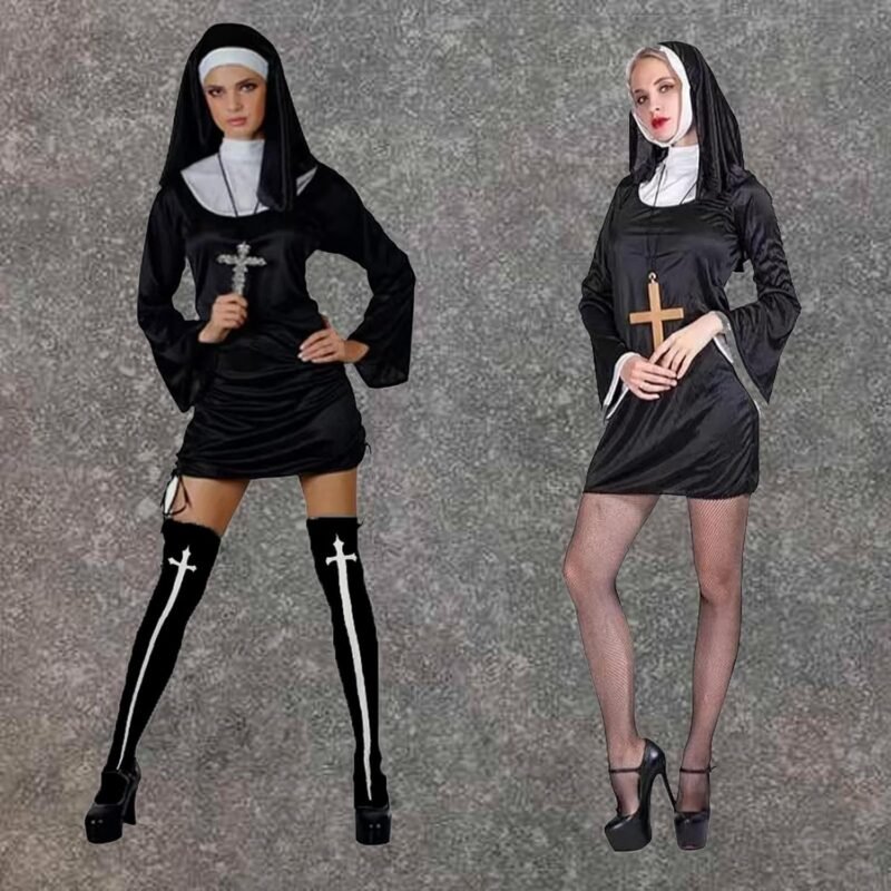 Halloween Nun Costume Accessories Set with Catholic Nun Costume Hat, Nun Collar, Cross Pendent Necklace, Cross Print Stockings, Nun Rhinestone Tattoo - Image 7