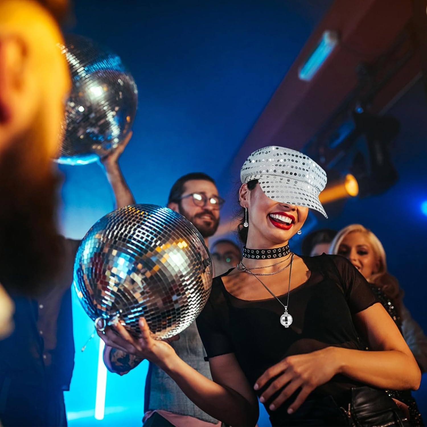 XEPST 4 PCS 70s Disco Costume Accessories Set with Sequin Hat Silver Earrings Sunglasses Necklace Disco Fancy Dress Kit for Women Retro 70 80 Theme Party Birthday Dance - Image 5