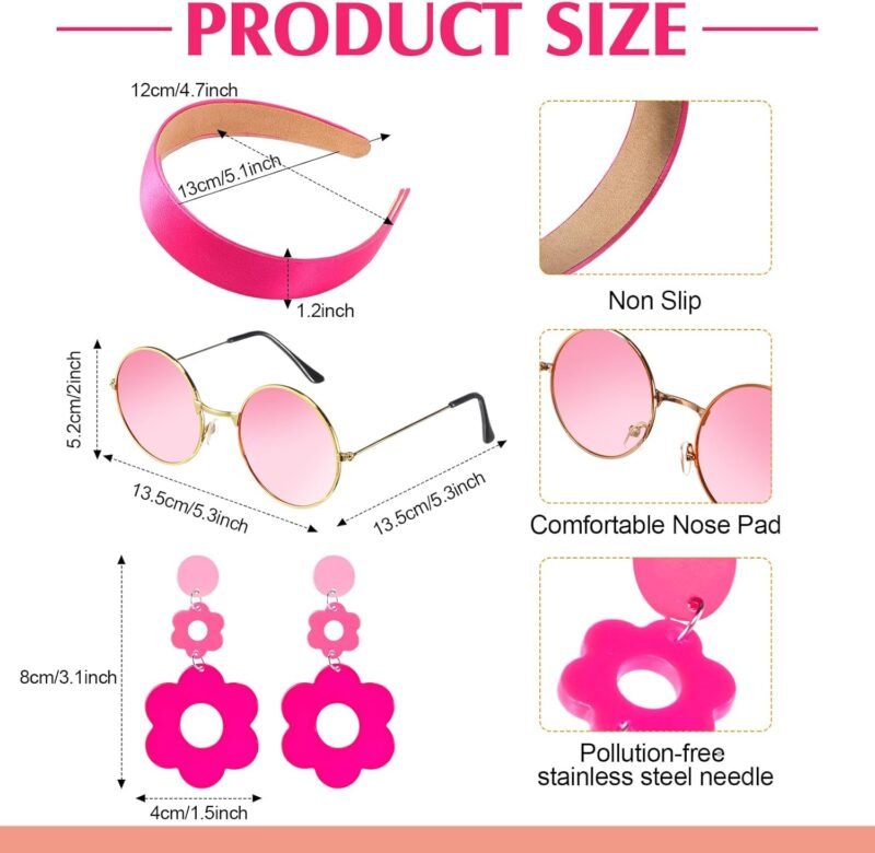 SATINIOR 4 Pcs 60s 70s Hippie Costume Women Retro Disco Outfit Groovy Dress Headband Earring Party Sunglasses for Halloween - Image 2