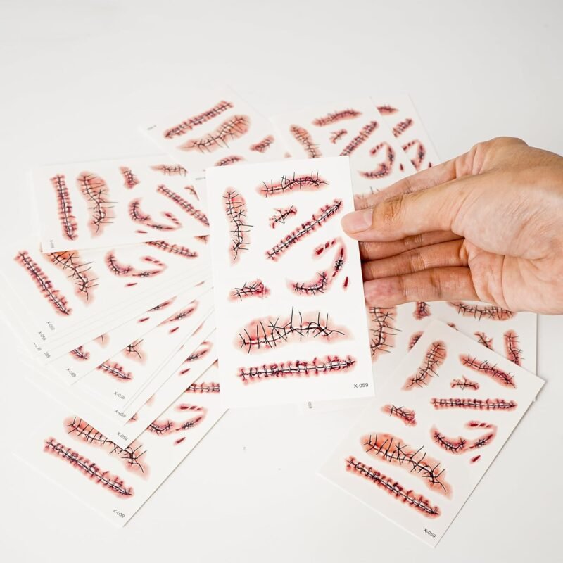 20 Sheets Halloween Zombie Temporary Tattoos - NEDEQI Chucky Scar Fake Blood Tattoos Waterproof Realistic Stitches Wound Temp Tattoo for Chucky Cosume Prank Makeup Cosplay Kids Men Women Adults - Image 3