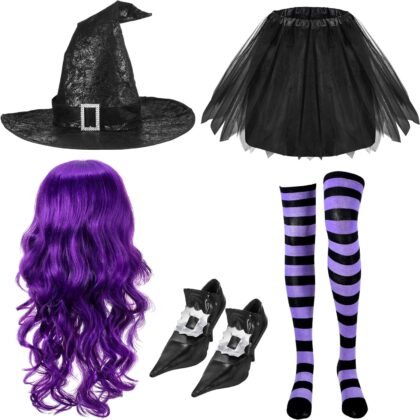 Panitay Halloween Witch Cosplay Costume for Women Witch Hat Tutu Skirt Striped Tights Curly Wig Shoe Covers