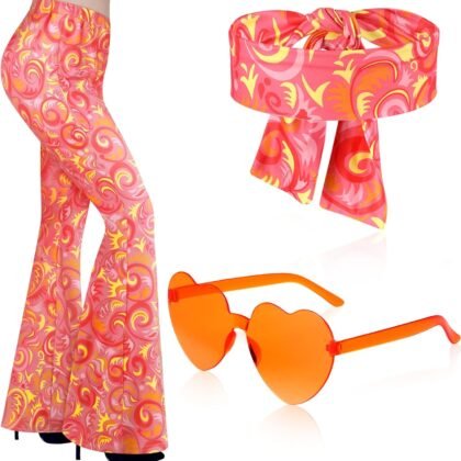 3 Pcs 60s 70s Outfit for Women Hippie Costume Set Disco Flared Pants Groovy Outfit Party Accessories
