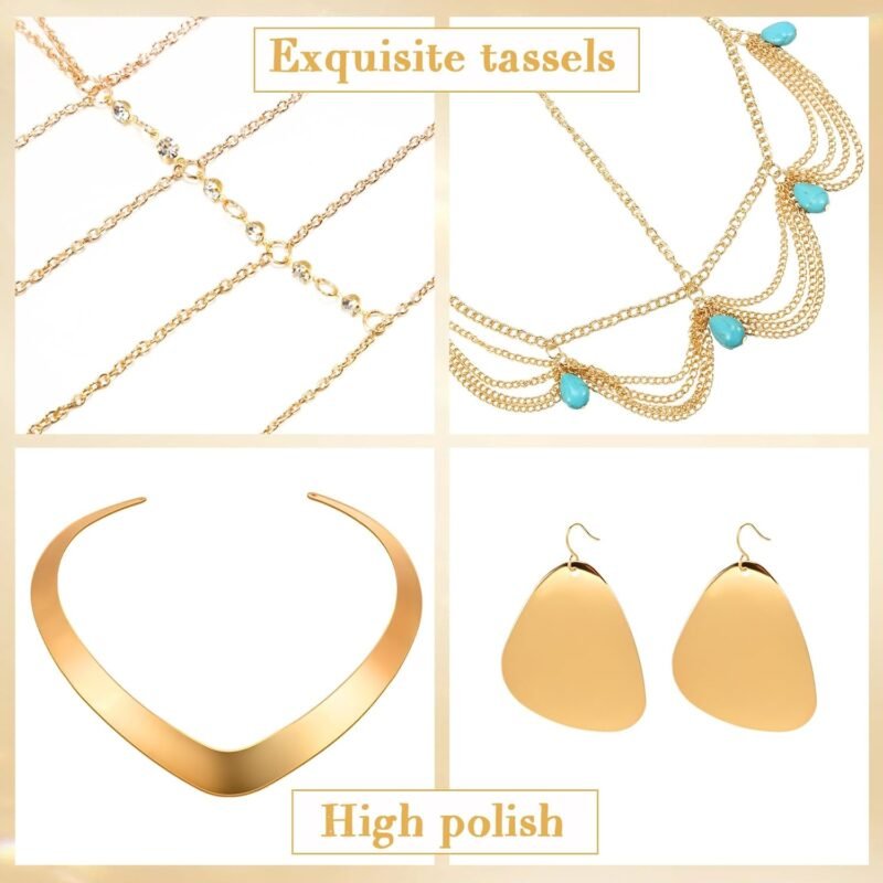 Princess Jasmine Costume Accessories Gold Choker Necklace Earring Tassel Bracelet Head Chain Halloween Arabian Princess Jasmine Jewelry Set for Women - Image 3