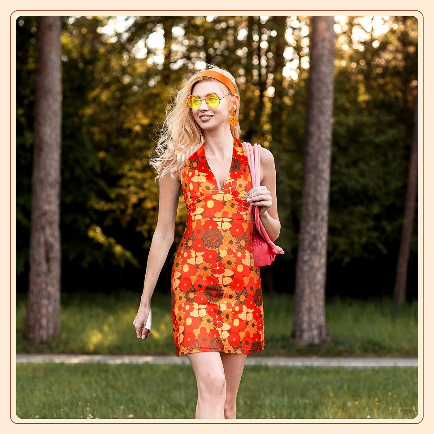 SATINIOR 4 Pcs 60s 70s Women's Hippie Costume Retro Disco Outfit Groovy Dress Headband Earring Sunglasses for Halloween Party - Image 6