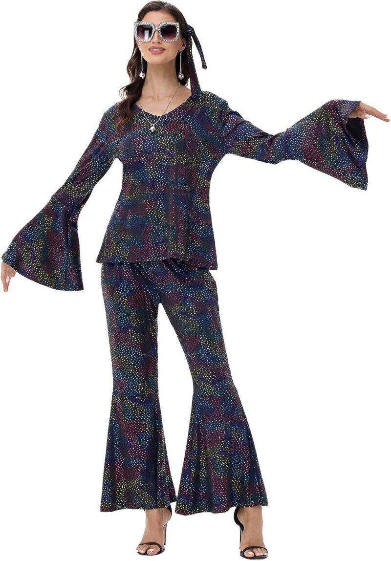 70s Disco Costume for Women - 1970s Disco Outfit with Wig, Earrings, glasses, Necklace, Headband, Sequin Top & Bell Bottoms - Image 2