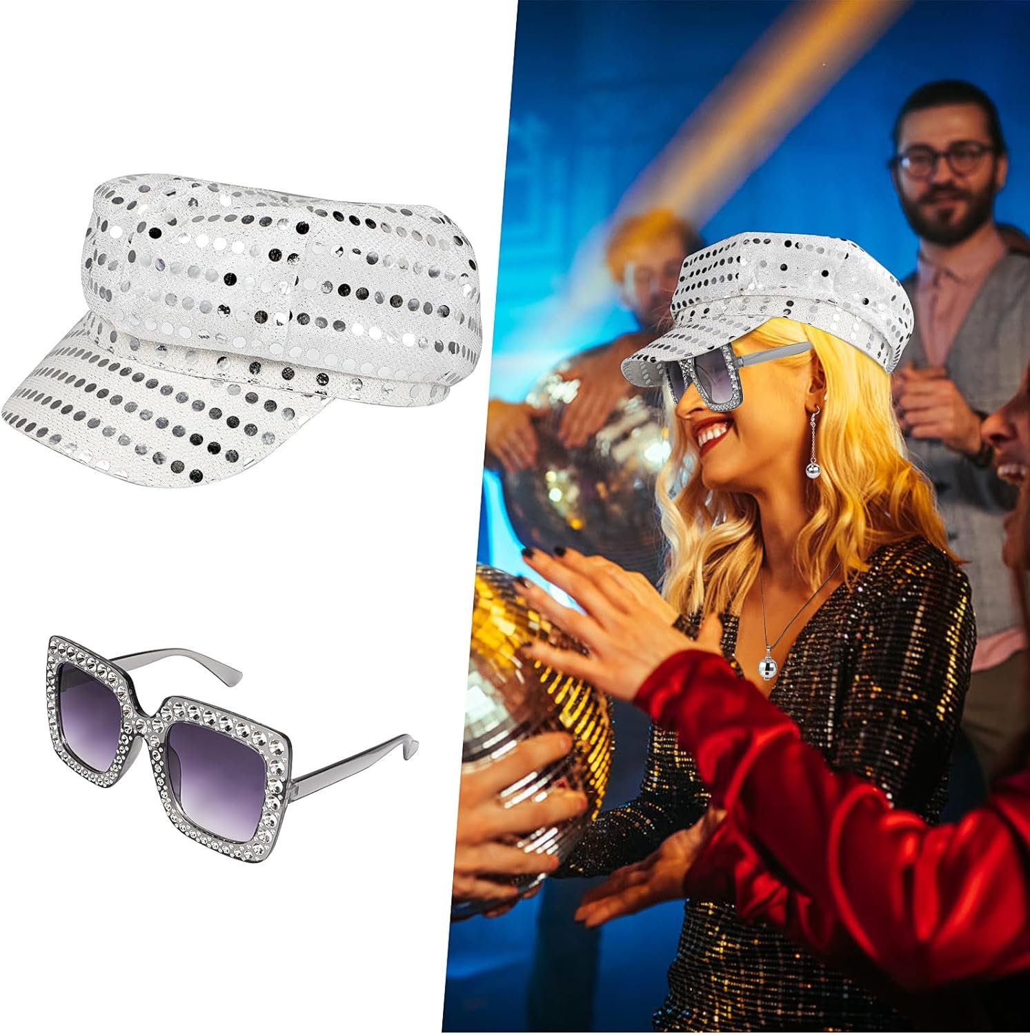 XEPST 4 PCS 70s Disco Costume Accessories Set with Sequin Hat Silver Earrings Sunglasses Necklace Disco Fancy Dress Kit for Women Retro 70 80 Theme Party Birthday Dance - Image 4