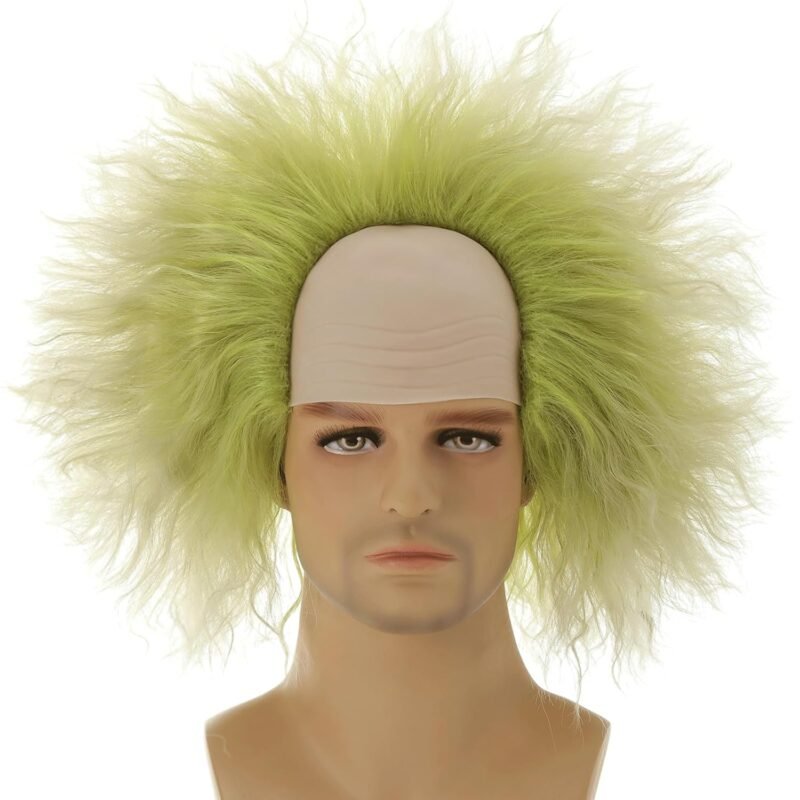 Men’s Short Light Green Curly Bald Synthetic Fiber Wig Unisex Halloween Cosplay Costume Wigs - Image 2