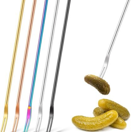 Yexiya 5 Pcs Pickle Fork, 8.66 Inches Long Handle Olive Fork 304 Stainless Steel Pickle Picker Grabber Tool for Jar Cocktail Dessert Fruit, 2 Prong(Multicolor)