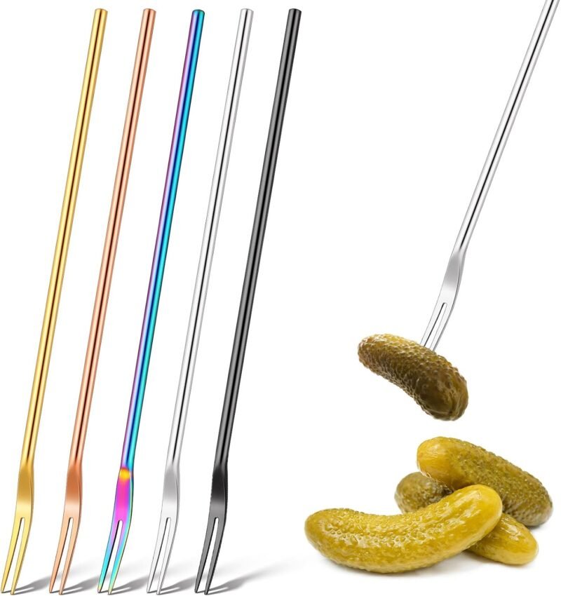 Yexiya 5 Pcs Pickle Fork, 8.66 Inches Long Handle Olive Fork 304 Stainless Steel Pickle Picker Grabber Tool for Jar Cocktail Dessert Fruit, 2 Prong(Multicolor)