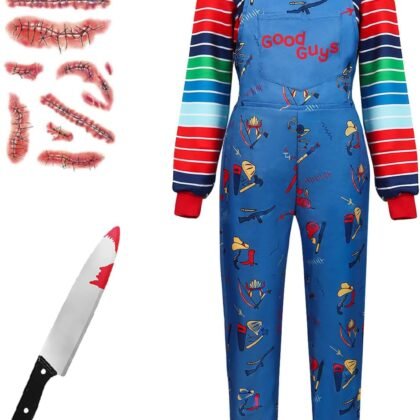 Scary Costume Adult Creepy Doll Killer Costume for Men Women Colorful Striped Shirt with Accessories Halloween