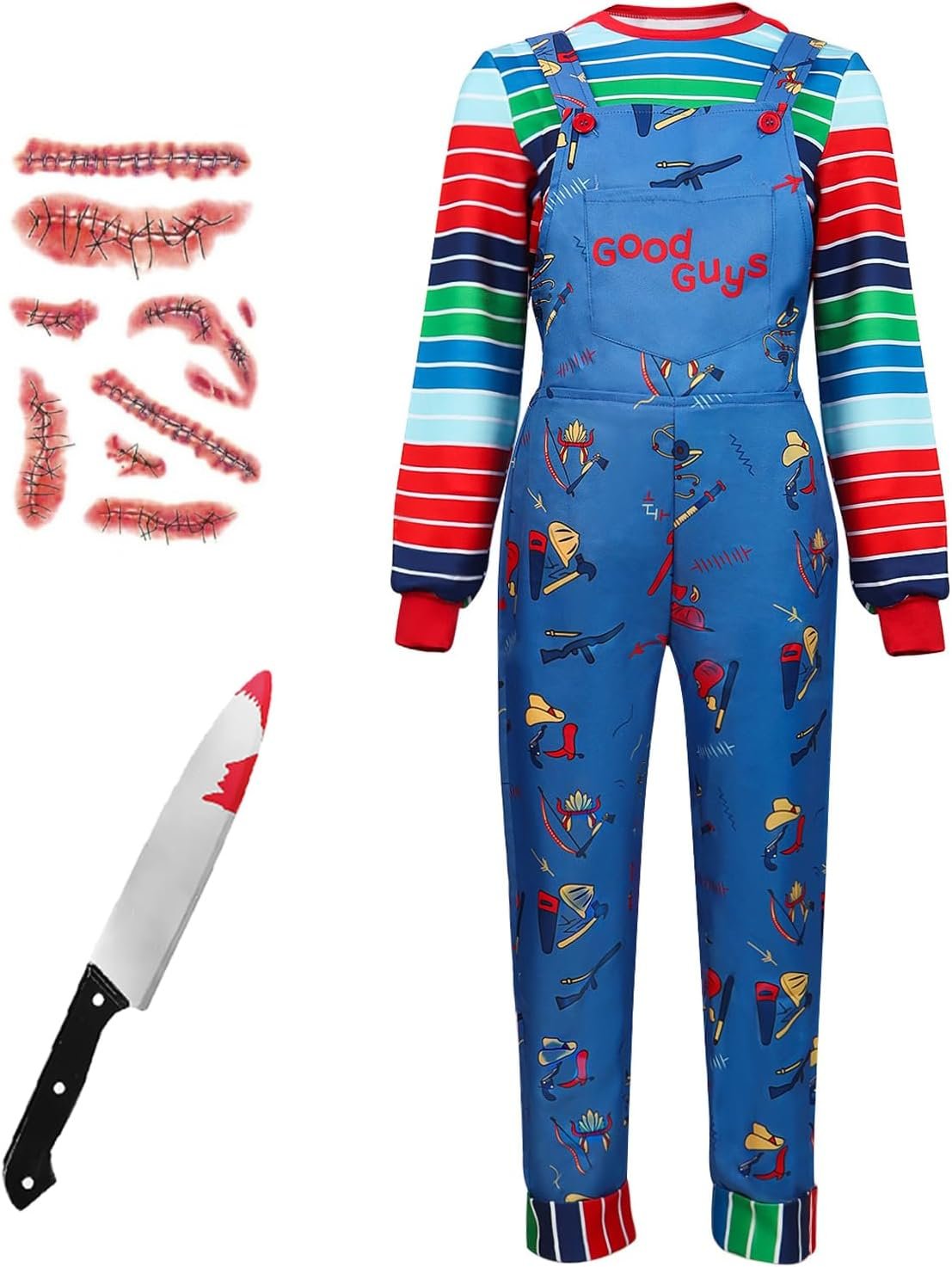 Scary Costume Adult Creepy Doll Killer Costume for Men Women Colorful Striped Shirt with Accessories Halloween