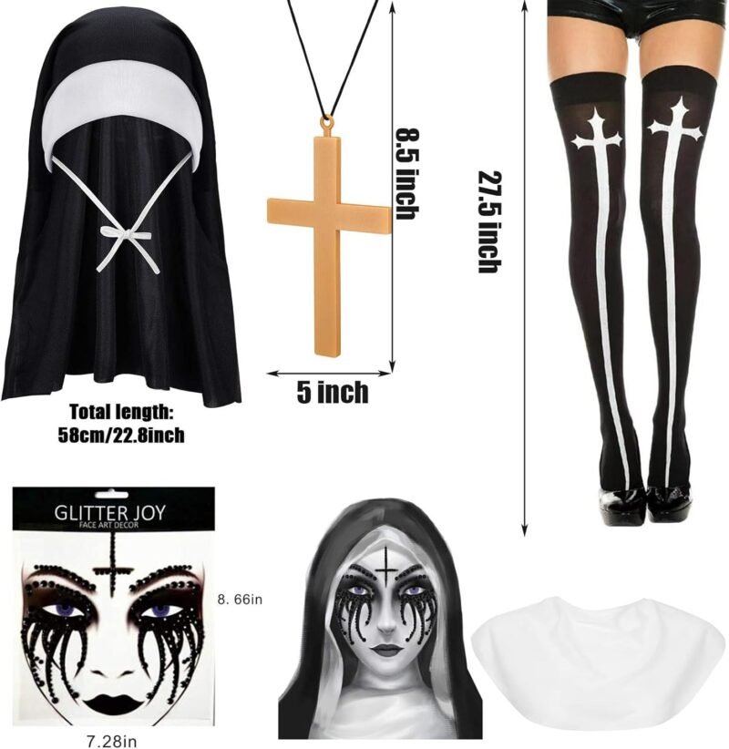 Halloween Nun Costume Accessories Set with Catholic Nun Costume Hat, Nun Collar, Cross Pendent Necklace, Cross Print Stockings, Nun Rhinestone Tattoo - Image 8